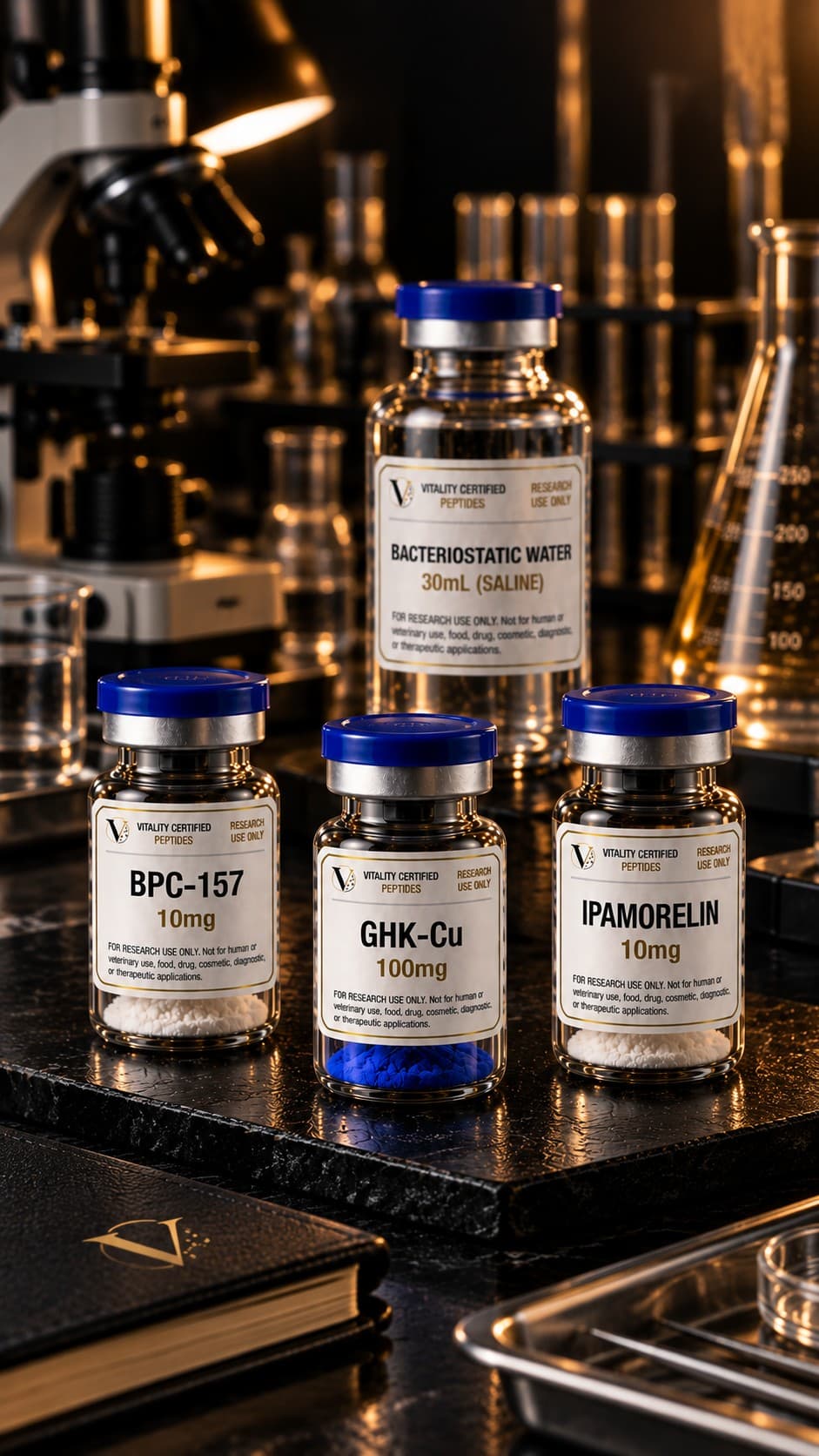 Vitality Certified Peptides vials on a lab bench